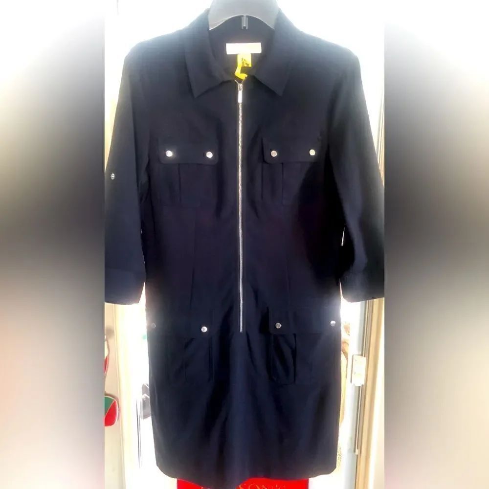 Michael Kors, dark navy three-quarter sleeve zip up shirt dress with silver logo